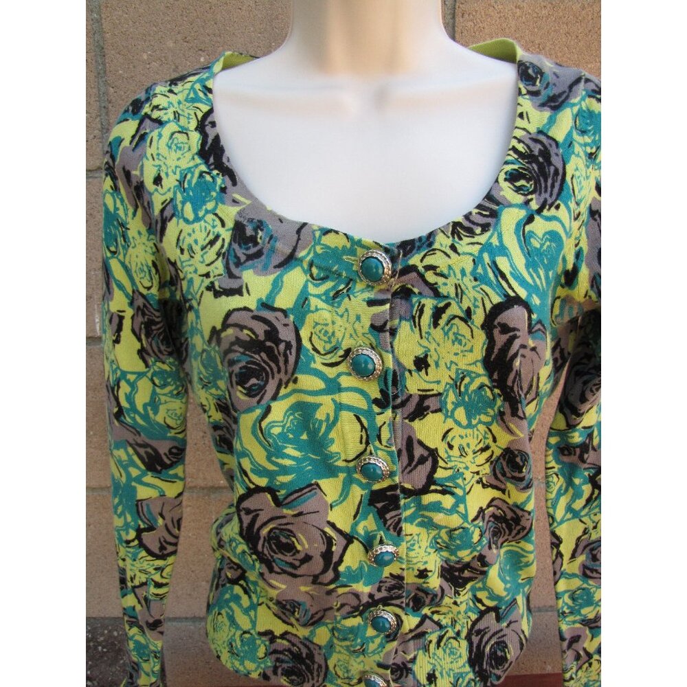 Cardigan Sweater XXI Twist Green Bold Floral Roses Button Front Size S/P